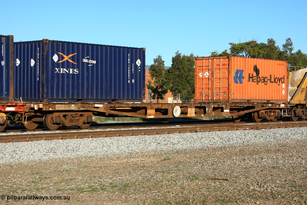 100609 09966
Midland, AQWY 30366 container waggon, originally one of one hundred and sixty one built by Tomlinson Steel in 1970 as WFX type, to WQCX in 1980. Loaded with two 20' 22G1 type containers loaded with lead, Xines XINU 148992 and Hapag-Lloyd HLXU 207013.
Keywords: AQWY-type;AQWY30366;Tomlinson-Steel-WA;WFX-type;WQCX-type;