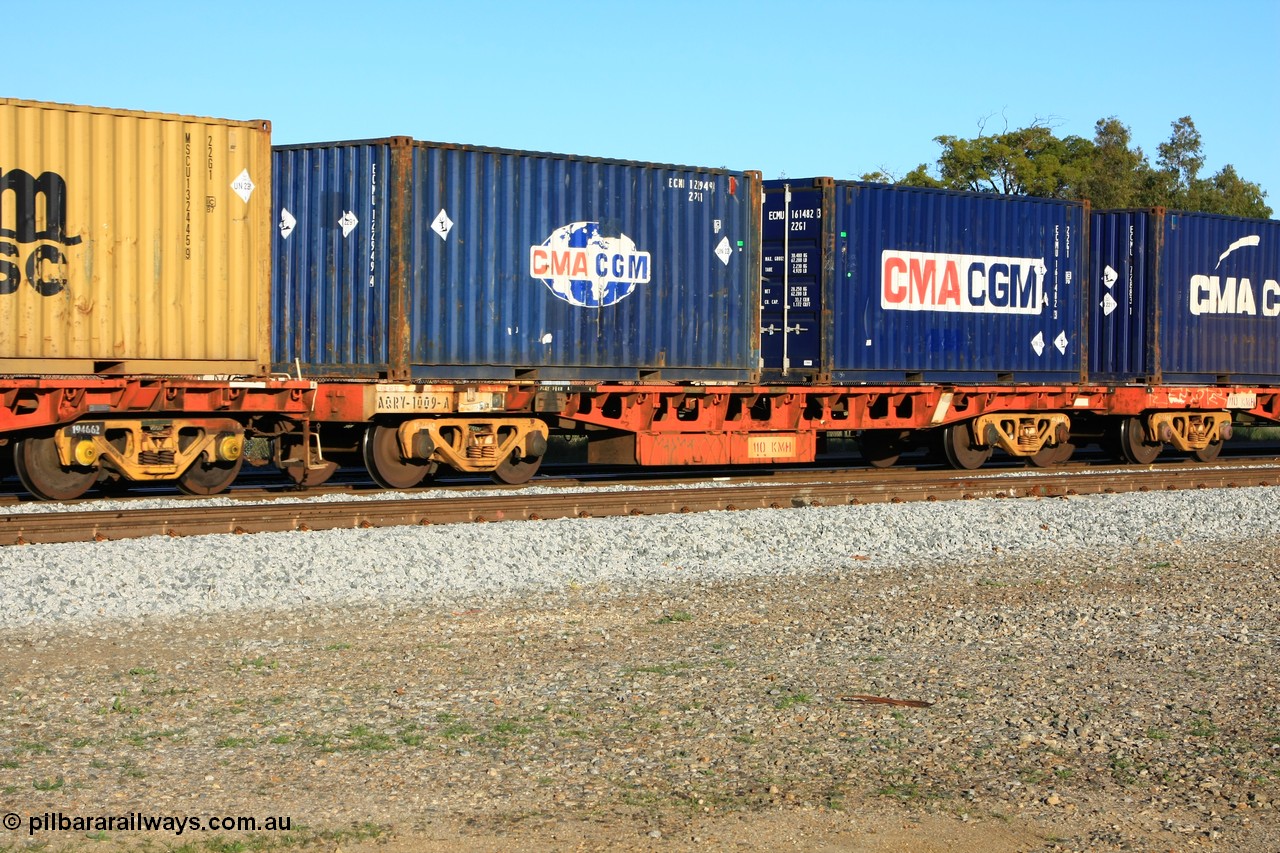 100609 09968
Midland, AQRY 1009 two-pack platform A loaded with two 20' CMA CGM 22G1 type containers carrying lead, ECMU 122949 and ECMU 161482. The AQRY are a bar-coupled pair and were used for rail transport as the AFRF type on the Darwin line and are originally former ANR-CR waggons.
Keywords: AQRY-type;AQRY1009;AFRF-type;