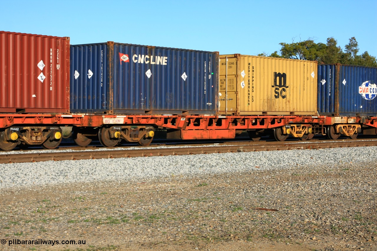 100609 09969
Midland, AQRY 1004 two-pack platform B loaded with two 20' CNC Line and Mediterranean Shipping 22G1 type containers carrying lead, CNCU 161438 and MSCU 132445. The AQRY are a bar-coupled pair and were used for rail transport as the AFRF type on the Darwin line and are originally former ANR-CR waggons.
Keywords: AQRY-type;AQRY1004;AFRF-type;