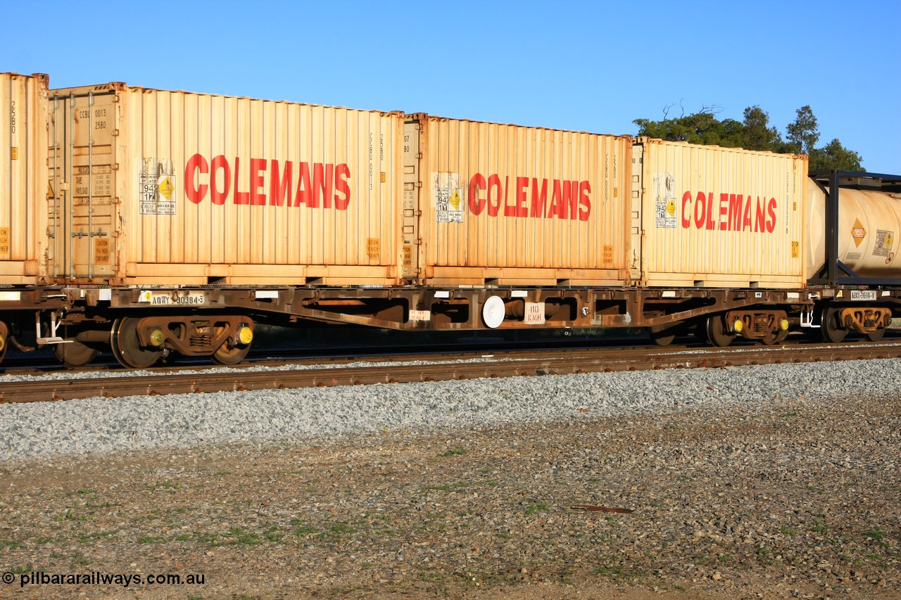 100609 09980
Midland, AQWY 30384 container flat waggon, originally one of one hundred and sixty one built by Tomlinson Steel in 1970 as WFX type, to WQCX in 1979. Loaded three 20' Colemans' 25B0 type containers for ammonium nitrate, CCBU 0013, CCBU 0007 and CCBU 005900.
Keywords: AQWY-type;AQWY30384;Tomlinson-Steel-WA;WFX-type;WQCX-type;