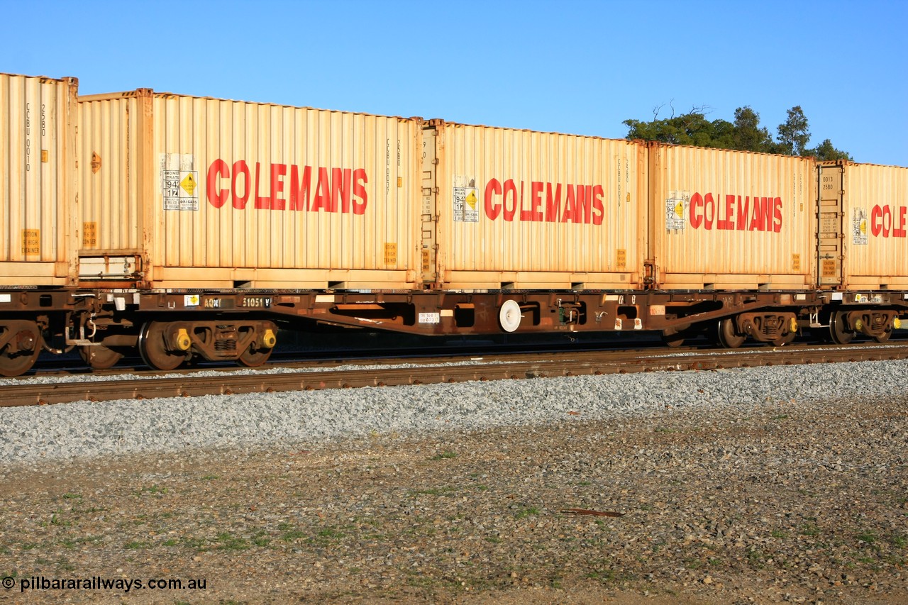 100609 09981
Midland, AQWY 31051 container waggon, built by Centrecon Ltd WA in 1981 in a batch of thirty five WFA type container waggons, another eighteen were also built by Westrail. In 1987 it was converted to WFAP for motor vehicle transport. Loaded with three 20' Colemans' 25B0 containers for carrying ammonium nitrate, CCBU 0037, CCBU 0039 and CCBU 0024.
Keywords: AQWY-type;AQWY31051;Centrecon-Ltd-WA;WFA-type;WFAP-type;