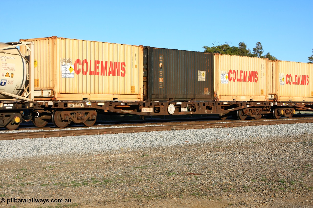 100609 09982
Midland, AQWY 30231 container flat waggon built by WAGR Midland Workshops in a batch of forty five WFX type container flats in 1974, recoded to WQCX in 1980. Loaded with three 20' boxes, two Colemans' 25B0 type CCBU 0031 and CCBU 0010 and a Royal Wolf 2EG9 type RWTU 951019 used to convey ammonium nitrate.
Keywords: AQWY-type;AQWY30231;WAGR-Midland-WS;WFX-type;WQCX-type;