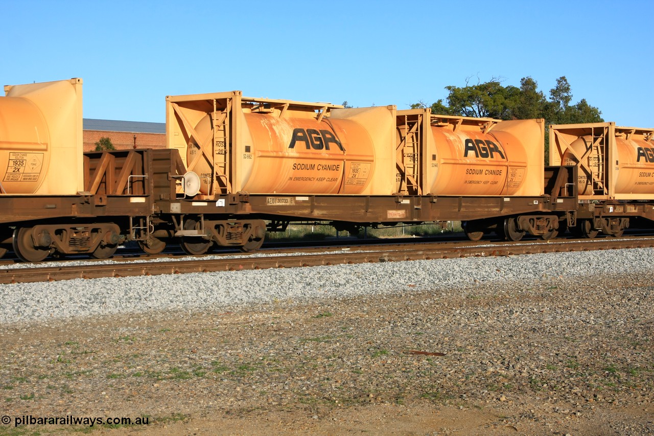 100609 09986
Midland, AZDY 30733, one of about fourteen WBAX vans converted to AZDY type sodium cyanide container waggon, originally built by WAGR Midland Workshops as one of seventy five WV/X type covered vans in 1967-68, converted late 1988/9 to WQDF. Loaded here with two empty AGR sodium cyanide tanktainers SD 662 and SD 643.
Keywords: AZDY-type;AZDY30733;WAGR-Midland-WS;WVX-type;WBAX-type;WQDF-type;