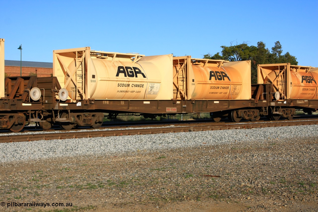 100609 09987
Midland, AZDY 30728, one of about fourteen WBAX vans converted to AZDY type sodium cyanide container waggon, originally built by WAGR Midland Workshops as one of seventy five WV/X type covered vans in 1967-68, converted late 1988/9 to WQDF. Loaded here with two empty AGR sodium cyanide tanktainers SD 638 and SD 663.
Keywords: AZDY-type;AZDY30728;WAGR-Midland-WS;VWV-type;WVX-type;WBAX-type;WQDF-type;