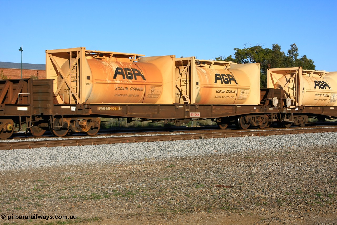 100609 09988
Midland, AZDY 30719, one of about fourteen WBAX vans converted to AZDY type sodium cyanide container waggon, originally built by WAGR Midland Workshops as one of seventy five WV/X type covered vans in 1967-68, converted late 1988/9 to WQDF. Loaded here with two empty AGR sodium cyanide tanktainers SD 653 and SD 672.
Keywords: AZDY-type;AZDY30719;WAGR-Midland-WS;VWV-type;WVX-type;WBAX-type;WQDF-type;