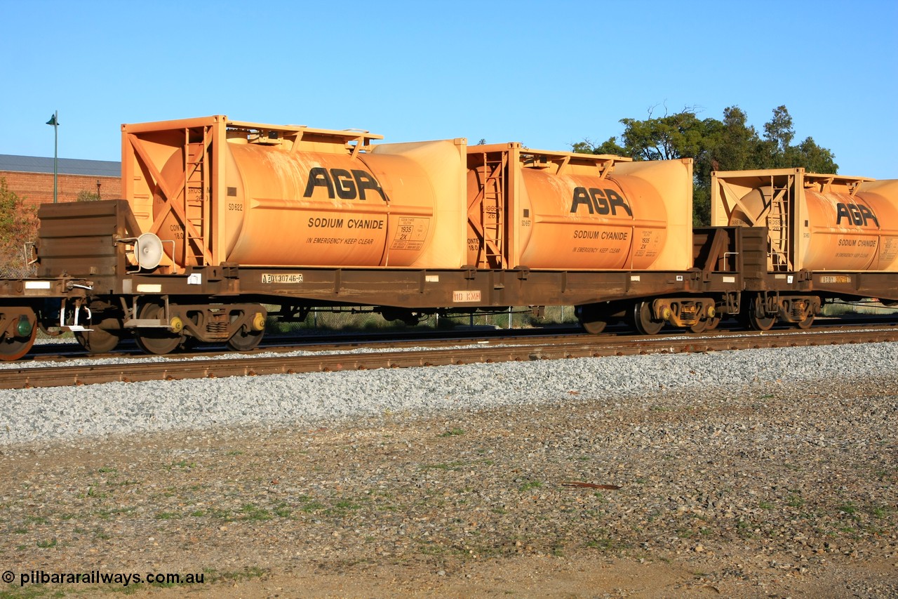 100609 09989
Midland, AZDY 30746, one of about fourteen WBAX vans converted to AZDY type sodium cyanide container waggon, originally built by WAGR Midland Workshops as one of seventy five WV/X type covered vans in 1967-68, converted late 1988/9 to WQDF. Loaded here with two empty AGR sodium cyanide tanktainers SD 622 and SD 657.
Keywords: AZDY-type;AZDY30746;WAGR-Midland-WS;WV-type;WVX-type;WBAX-type;WQDF-type;