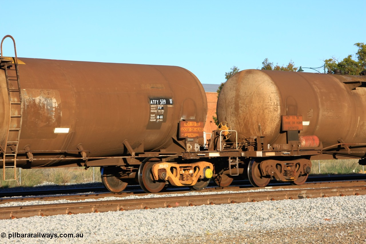 100609 09993
Midland, ATFY 509 fuel tank waggon built by Tulloch Ltd NSW in 1970 for Mobil WA as a WJF type, 96.24 kilolitres, 1 compartment and 2 domes. Recoded to WJFY, sold to BP Oil in 1985.
Keywords: ATFY-type;ATFY509;Tulloch-Ltd-NSW;WJF-type;WJFY-type;