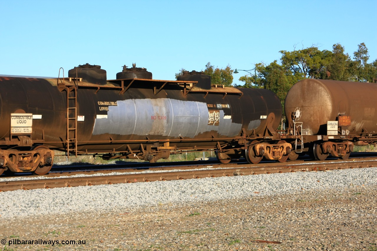 100609 09994
Midland, ATVY type fuel tank waggon ATVY 618, built by Comeng WA in 1965 for BP on the narrow gauge as JTD type JTD 340, in 1970 to SG and recoded WJT 520, then in 1988 to WJT 618.
Keywords: ATVY-type;ATVY618;Comeng-WA;JTD-type;JTD340;WTJ-type;WTJ520;