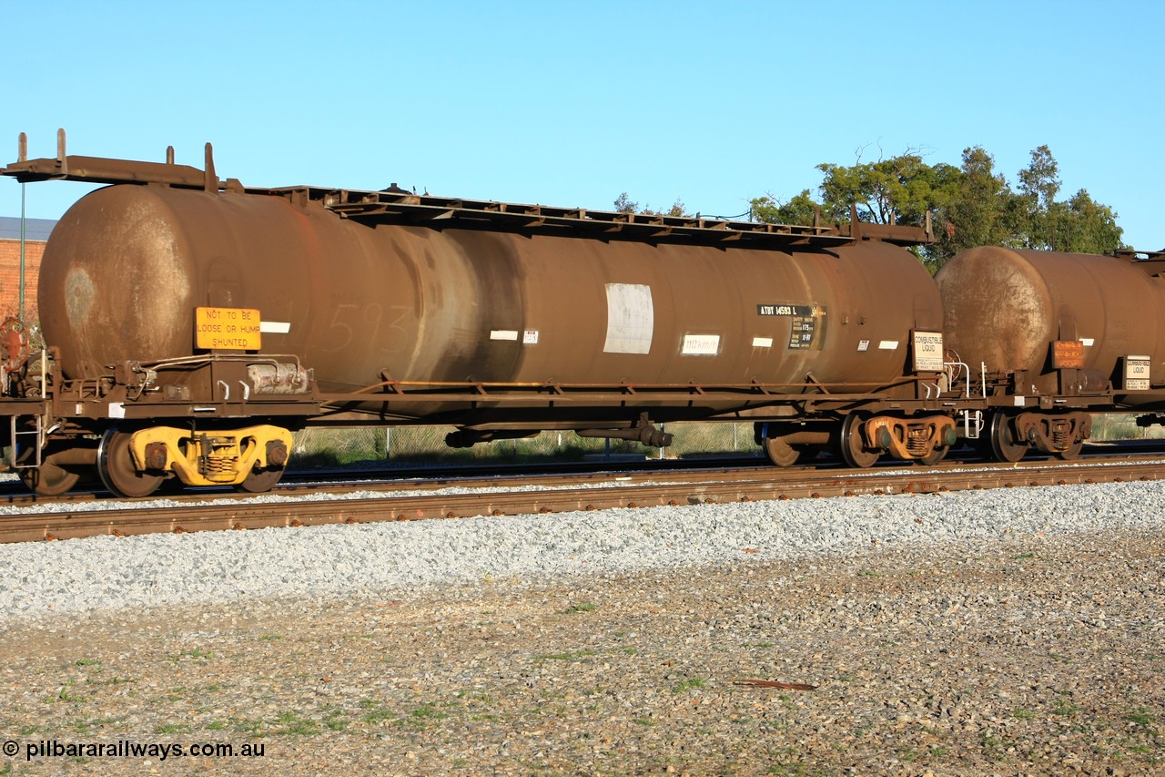 100609 09998
Midland, ATBY 14593 fuel tanker, one of nine JPB type tankers built for Bain Leasing Pty Ltd by Westrail Midland Workshops in 1981/82 for narrow gauge recoded to JPBA, converted to standard gauge as WJPB. 82000 litre capacity, with a 75000 SF limit.
Keywords: ATBY-type;ATBY14593;Westrail-Midland-WS;JPB-type;WJPB-type;JPBA-type;