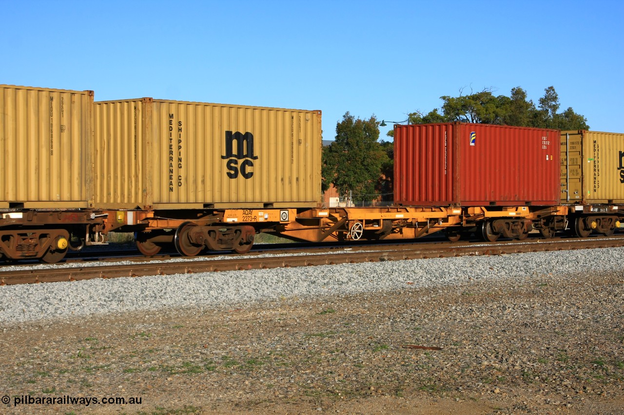 100609 10013
Midland, AQAY 2273 skel container waggon, this orphan waggon started life as a Comeng Vic built open waggon type GOX for Commonwealth Railways in 1970, then coded AOOX. Under AWR ownership is was reduced to this 3 TEU unit container skeletal waggon. Loaded with two 20' 22G1 type containers for Mediterranean Shipping MSCU 618896 and Florens FSCU 732172.
Keywords: AQAY-type;AQAY2273;Comeng-Vic;GOX-type;AOOX-type;