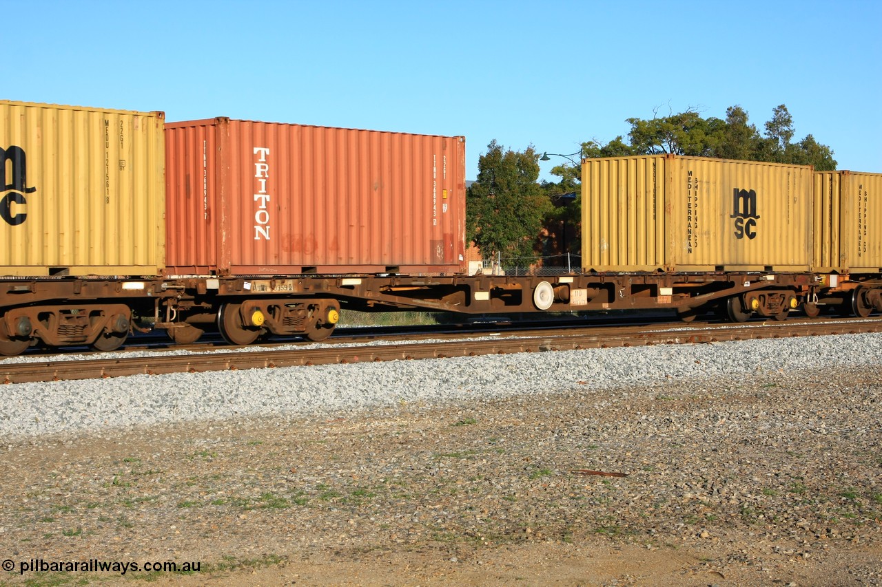 100609 10014
Midland, AQWY 30359 container waggon originally one of one hundred and sixty one built by Tomlinson Steel in 1970 as WFX type, to WQCX in 1980. Loaded with two 20' 22G1 type containers for Triton TTNU 368943 and Mediterranean Shipping MEDU 106868.
Keywords: AQWY-type;AQWY30359;Tomlinson-Steel-WA;WFX-type;WQCX-type;