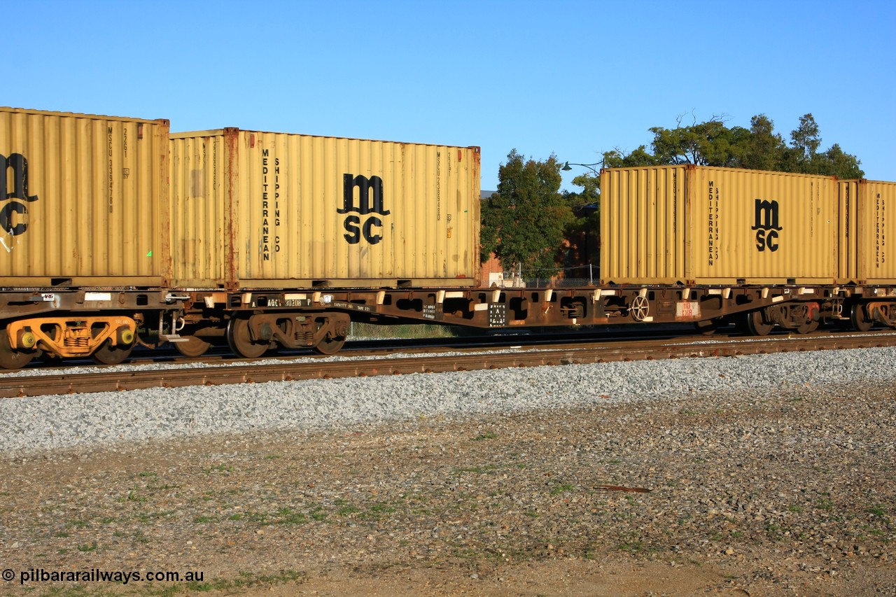 100609 10016
Midland, AQCY 30208 container flat waggon built by WAGR Midland Workshops in a batch of forty five WFX type container flats in 1974, recoded to WQCX in 1980. Loaded with two 20' Mediterranean Shipping 22G1 type containers MSCU 238948 and MEDU 121916.
Keywords: AQCY-type;AQCY30208;WAGR-Midland-WS;WFX-type;WQCX-type;