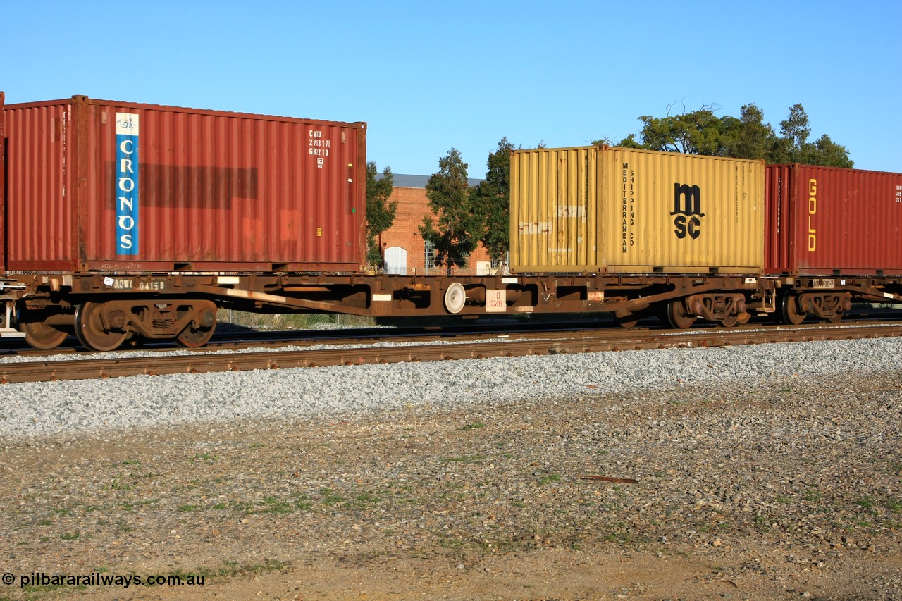 100609 10019
Midland, AQWY 30415 container flat waggon built by Tomlinson Steel WA as WFX type in 1970 from a batch of one hundred and sixty one waggons, recoded in 1980 to WQCX type. Loaded with two 20' containers, Cronos 2210 type CRXU 276317 and Mediterranean Shipping 22G1 type MEDU 124686.
Keywords: AQWY-type;AQWY30415;Tomlinson-Steel-WA;WFX-type;WQCX-type;