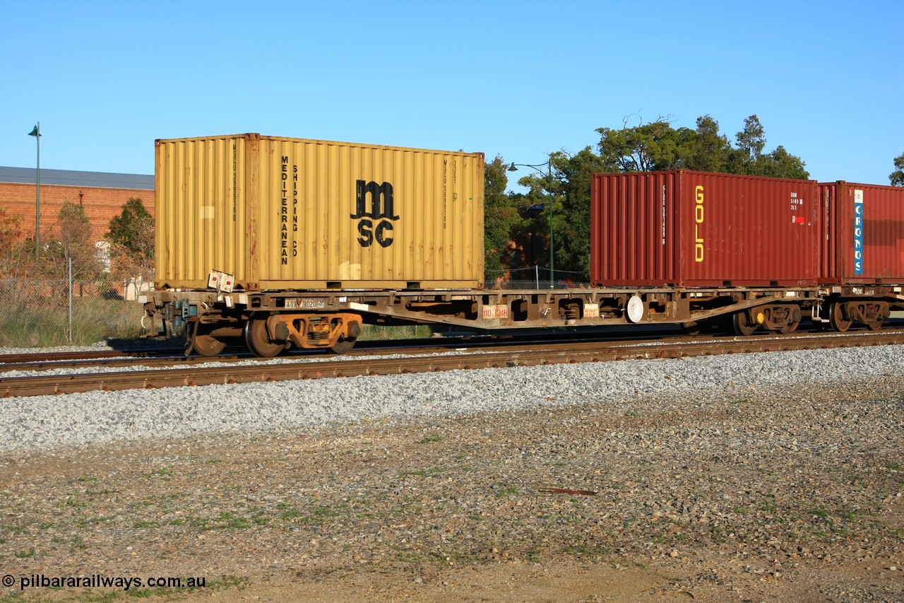 100609 10020
Midland, AQWY 30201 container flat waggon built by WAGR Midland Workshops as the first in a batch of forty five WFX type container flats in 1974, recoded to WQCX in 1979. Loaded with two 20' 22G1 type containers Mediterranean Shipping MSCU 399918 and Gold GLDU 561499.
Keywords: AQWY-type;AQWY30201;WAGR-Midland-WS;WFX-type;WQCX-type;