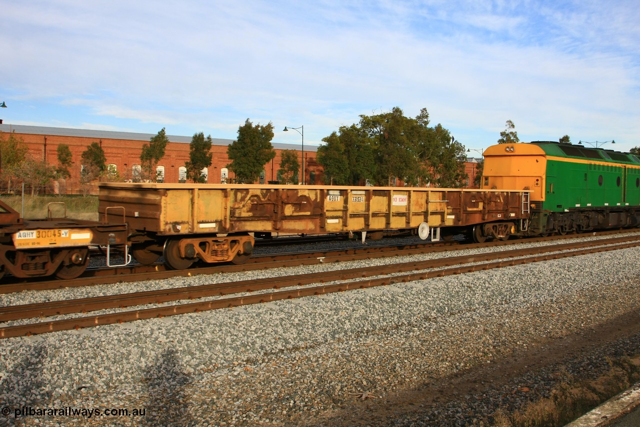 100611 0309
Midland, AOXY 33153, converted to carry nickel matte bulk bags, in WGL traffic. Built by WAGR Midland Workshops in 1969 as part of a batch of fifty eight WGX type open waggons, in 1981 to WOAX, then AOAY type.
Keywords: AOXY-type;AOXY33153;WAGR-Midland-WS;WGX-type;WOAX-type;