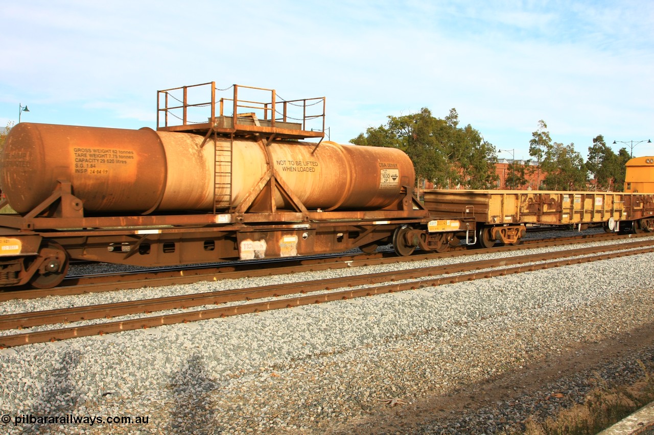 100611 0310
Midland, AQHY 30045 with sulphuric acid tank CSA 0016, originally built by the WAGR Midland Workshops in 1964/66 at WF type flat waggons, then following several codes and modifications in 1997 seventy five were converted to WQH to carry CSA sulphuric acid tanks between Hampton/Kalgoorlie and Perth/Kwinana.
Keywords: AQHY-type;AQHY30045;WAGR-Midland-WS;WF-type;WFDY-type;WFDF-type;RFDF-type;WQH-type;