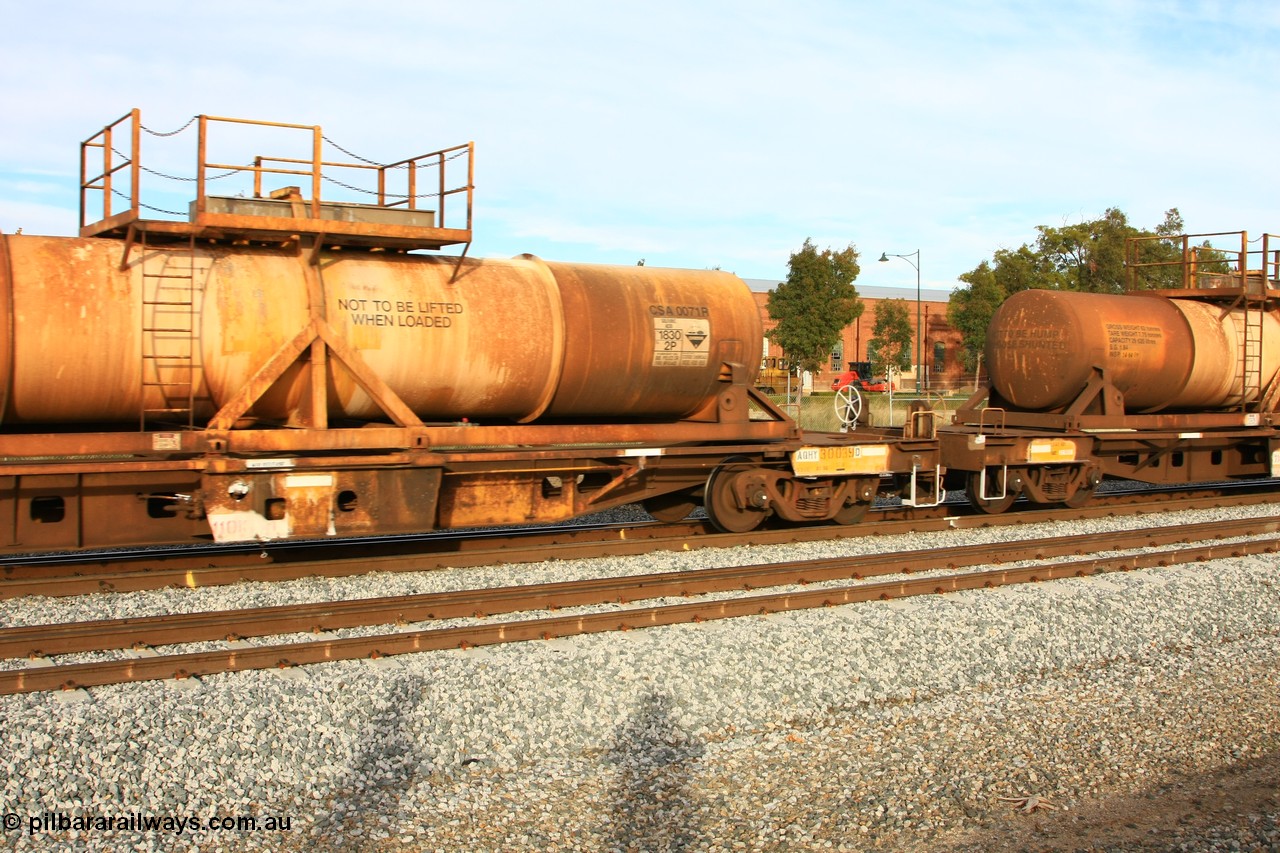 100611 0311
Midland, AQHY 30039 with sulphuric acid tank CSA 0071, originally built by the WAGR Midland Workshops in 1964/66 at WF type flat waggons, then following several codes and modifications in 1997 seventy five were converted to WQH to carry CSA sulphuric acid tanks between Hampton/Kalgoorlie and Perth/Kwinana.
Keywords: AQHY-type;AQHY30039;WAGR-Midland-WS;WF-type;WFDY-type;WFDF-type;RFDF-type;WQH-type;