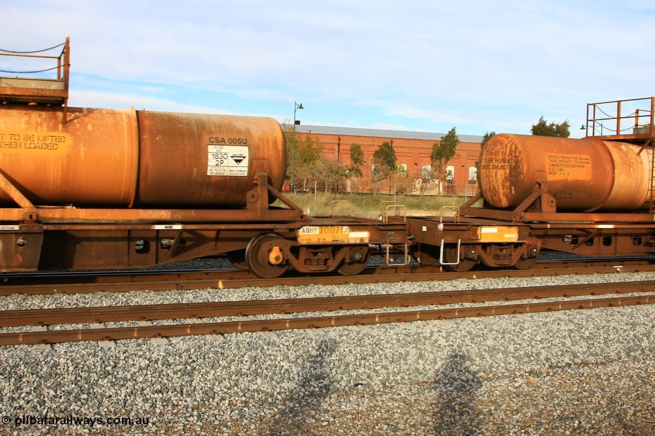 100611 0312
Midland, AQHY 30071 with sulphuric acid tank CSA 005, originally built by the WAGR Midland Workshops in 1964/66 at WF type flat waggons, then following several codes and modifications in 1997 seventy five were converted to WQH to carry CSA sulphuric acid tanks between Hampton/Kalgoorlie and Perth/Kwinana.
Keywords: AQHY-type;AQHY30071;WAGR-Midland-WS;WF-type;WFDY-type;WFDF-type;RFDF-type;WQH-type;