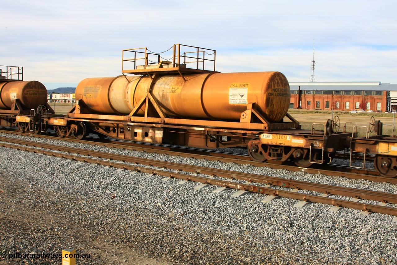 100611 0316
Midland, AQHY 30109 with sulphuric acid tank CSA 0053, originally built by the WAGR Midland Workshops in 1964/66 at WF type flat waggons, then following several codes and modifications in 1997 seventy five were converted to WQH to carry CSA sulphuric acid tanks between Hampton/Kalgoorlie and Perth/Kwinana.
Keywords: AQHY-type;AQHY30109;WAGR-Midland-WS;WF-type;WFDY-type;WFDF-type;WQH-type;