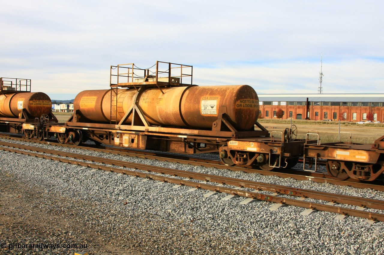 100611 0318
Midland, AQHY 30095 with sulphuric acid tank CSA 0036, originally built by the WAGR Midland Workshops in 1964/66 at WF type flat waggons, then following several codes and modifications in 1997 seventy five were converted to WQH to carry CSA sulphuric acid tanks between Hampton/Kalgoorlie and Perth/Kwinana.
Keywords: AQHY-type;AQHY30095;WAGR-Midland-WS;WF-type;WFP-type;WFDY-type;WFDF-type;RFDF-type;WQH-type;