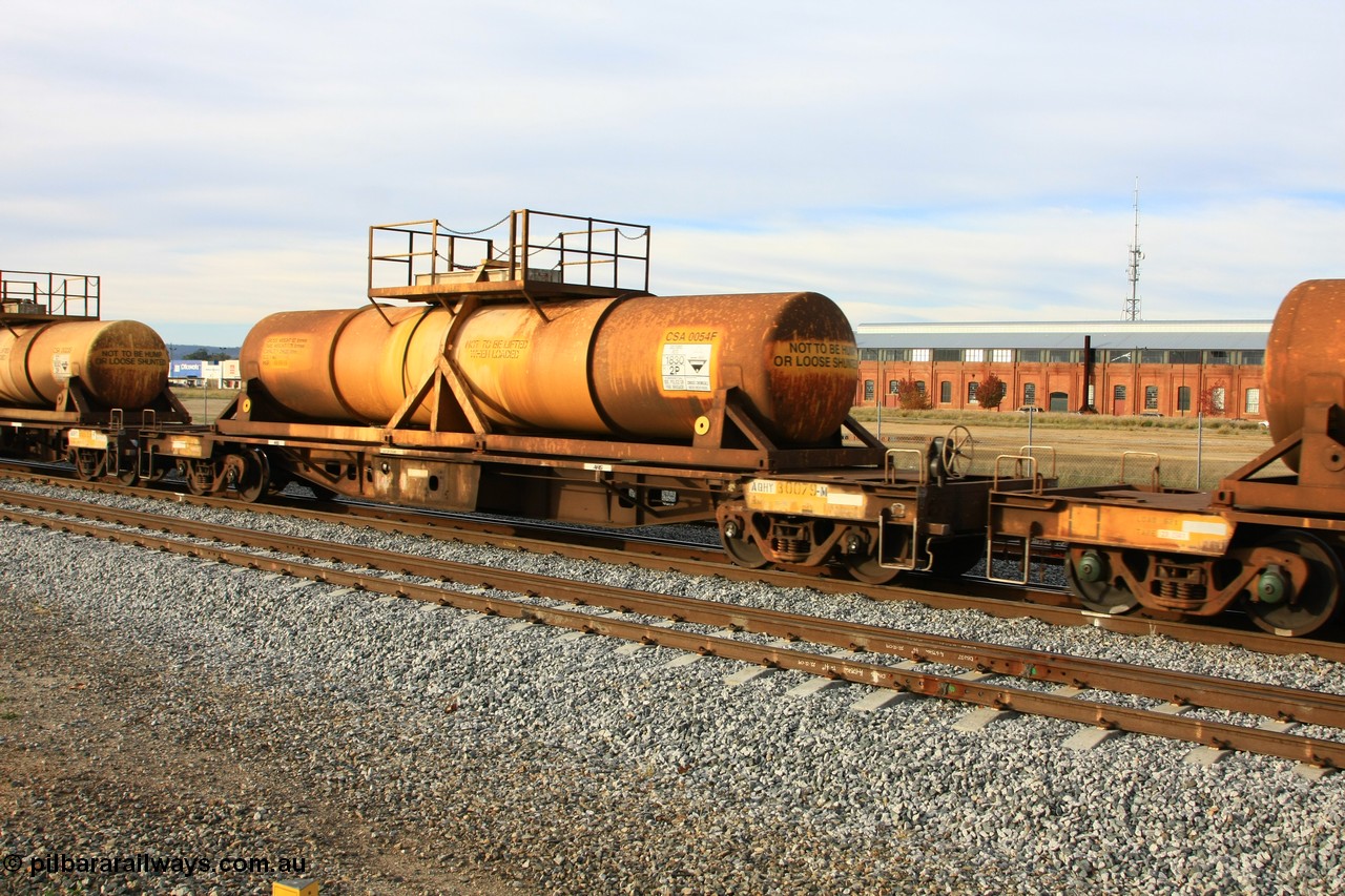 100611 0319
Midland, AQHY 30079 with sulphuric acid tank CSA 0054, originally built by the WAGR Midland Workshops in 1964/66 at WF type flat waggons, then following several codes and modifications in 1997 seventy five were converted to WQH to carry CSA sulphuric acid tanks between Hampton/Kalgoorlie and Perth/Kwinana.
Keywords: AQHY-type;AQHY30079;WAGR-Midland-WS;WF-type;WFDY-type;WFDF-type;RFDF-type;WQH-type;