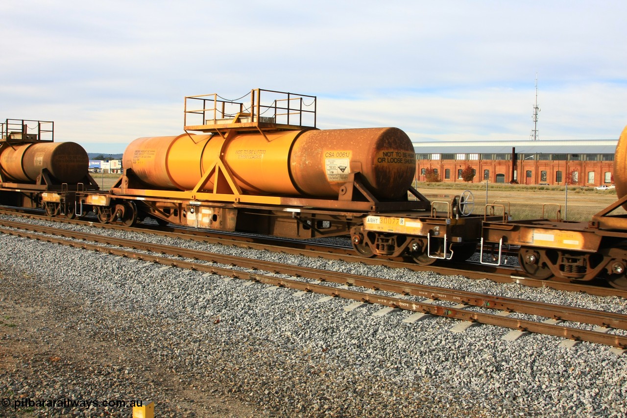 100611 0323
Midland, AQHY 30077 with sulphuric acid tank CSA 0061, originally built by the WAGR Midland Workshops in 1964/66 at WF type flat waggons, then following several codes and modifications in 1997 seventy five were converted to WQH to carry CSA sulphuric acid tanks between Hampton/Kalgoorlie and Perth/Kwinana.
Keywords: AQHY-type;AQHY30077;WAGR-Midland-WS;WF-type;WFDY-type;WFDF-type;RFDF-type;WQH-type;