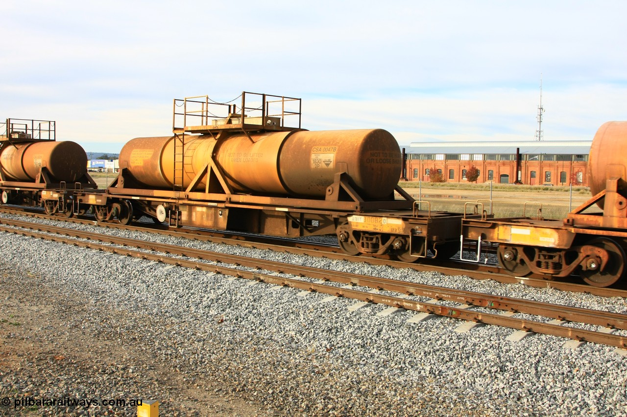 100611 0324
Midland, AQHY 30082 with sulphuric acid tank CSA 0047, originally built by the WAGR Midland Workshops in 1964/66 at WF type flat waggons, then following several codes and modifications in 1997 seventy five were converted to WQH to carry CSA sulphuric acid tanks between Hampton/Kalgoorlie and Perth/Kwinana.
Keywords: AQHY-type;AQHY30082;WAGR-Midland-WS;WF-type;WFP-type;WFDY-type;WFDF-type;RFDF-type;WQH-type;