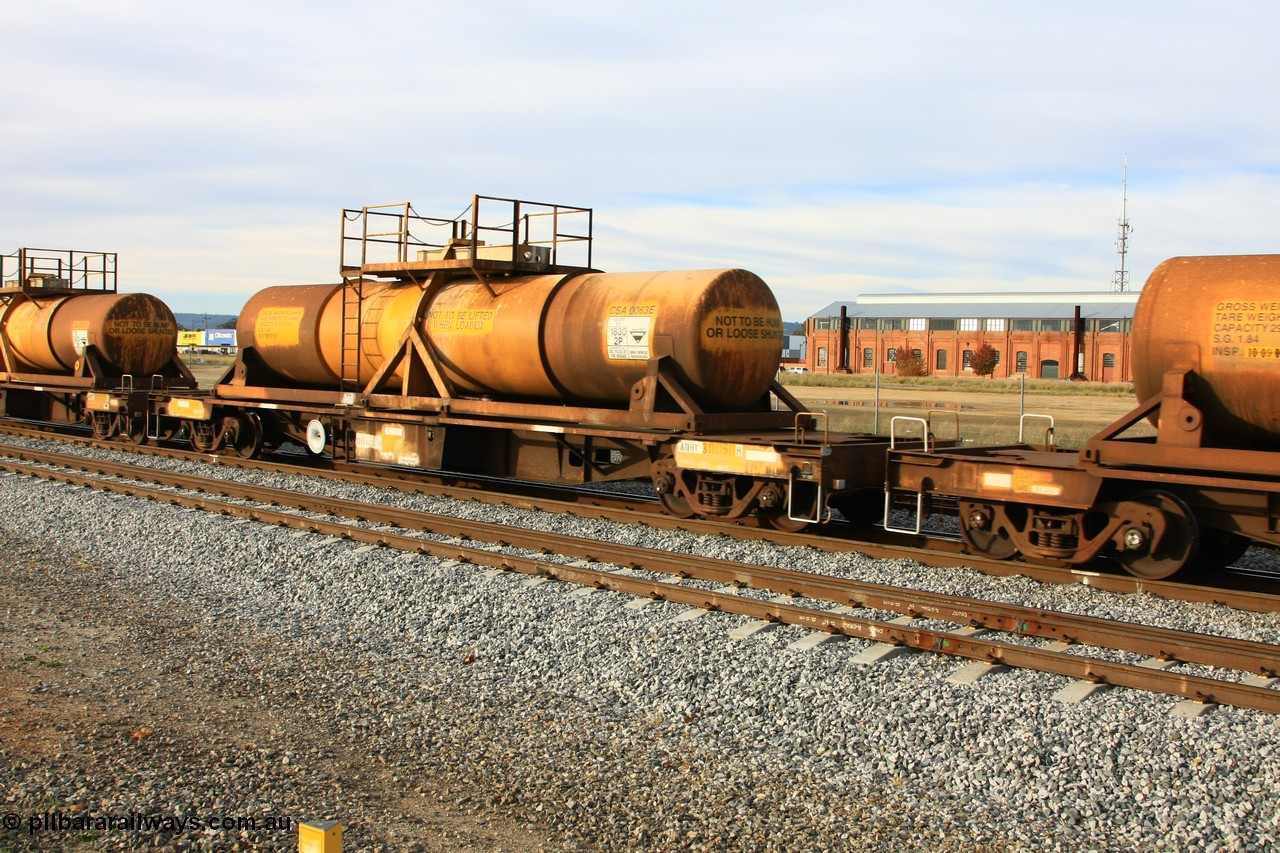 100611 0328
Midland, AQHY 30050 with sulphuric acid tank CSA 0063, originally built by the WAGR Midland Workshops in 1964/66 at WF type flat waggons, then following several codes and modifications in 1997 seventy five were converted to WQH to carry CSA sulphuric acid tanks between Hampton/Kalgoorlie and Perth/Kwinana.
Keywords: AQHY-type;AQHY30050;WAGR-Midland-WS;WF-type;WFDY-type;WFDF-type;RFDF-type;WQH-type;