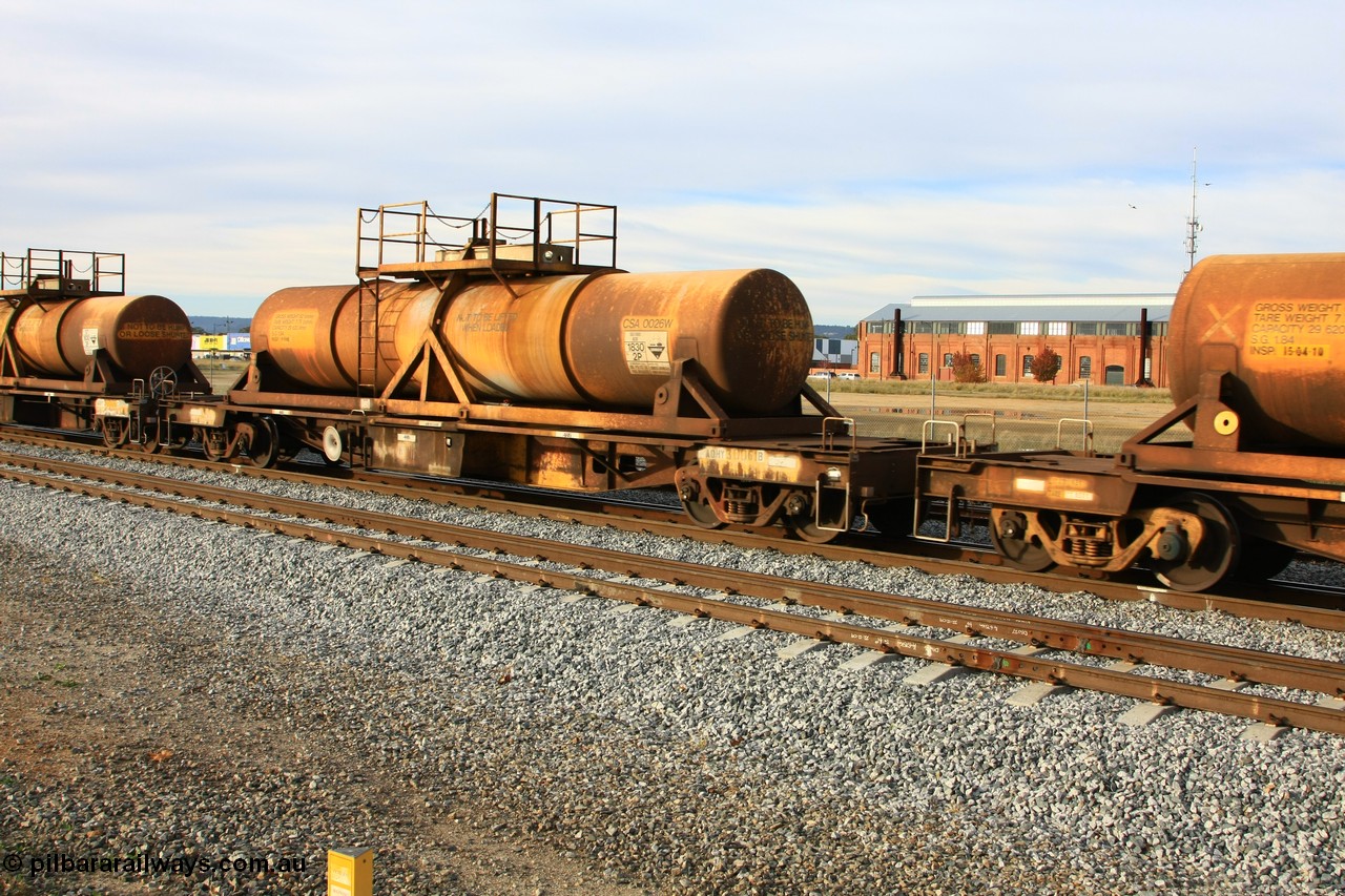 100611 0330
Midland, AQHY 30061 with sulphuric acid tank CSA 0026, originally built by the WAGR Midland Workshops in 1964/66 at WF type flat waggons, then following several codes and modifications in 1997 seventy five were converted to WQH to carry CSA sulphuric acid tanks between Hampton/Kalgoorlie and Perth/Kwinana.
Keywords: AQHY-type;AQHY30061;WAGR-Midland-WS;WF-type;WFDY-type;WFDF-type;RFDF-type;WQH-type;