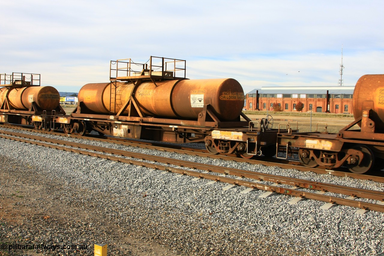 100611 0331
Midland, AQHY 30016 with sulphuric acid tank CSA 0006, originally built by the WAGR Midland Workshops in 1964/66 at WF type flat waggons, then following several codes and modifications in 1997 seventy five were converted to WQH to carry CSA sulphuric acid tanks between Hampton/Kalgoorlie and Perth/Kwinana.
Keywords: AQHY-type;AQHY30016;WAGR-Midland-WS;WF-type;WMA-type;WFDY-type;WFDF-type;RFDF-type;WQH-type;