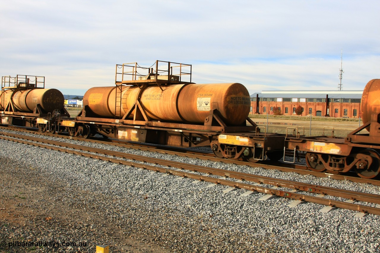 100611 0332
Midland, AQHY 30031 with sulphuric acid tank CSA 0034, originally built by the WAGR Midland Workshops in 1964/66 at WF type flat waggons, then following several codes and modifications in 1997 seventy five were converted to WQH to carry CSA sulphuric acid tanks between Hampton/Kalgoorlie and Perth/Kwinana.
Keywords: AQHY-type;AQHY30031;WAGR-Midland-WS;WF-type;WFW-type;WFDY-type;WFDF-type;RFDF-type;WQH-type;