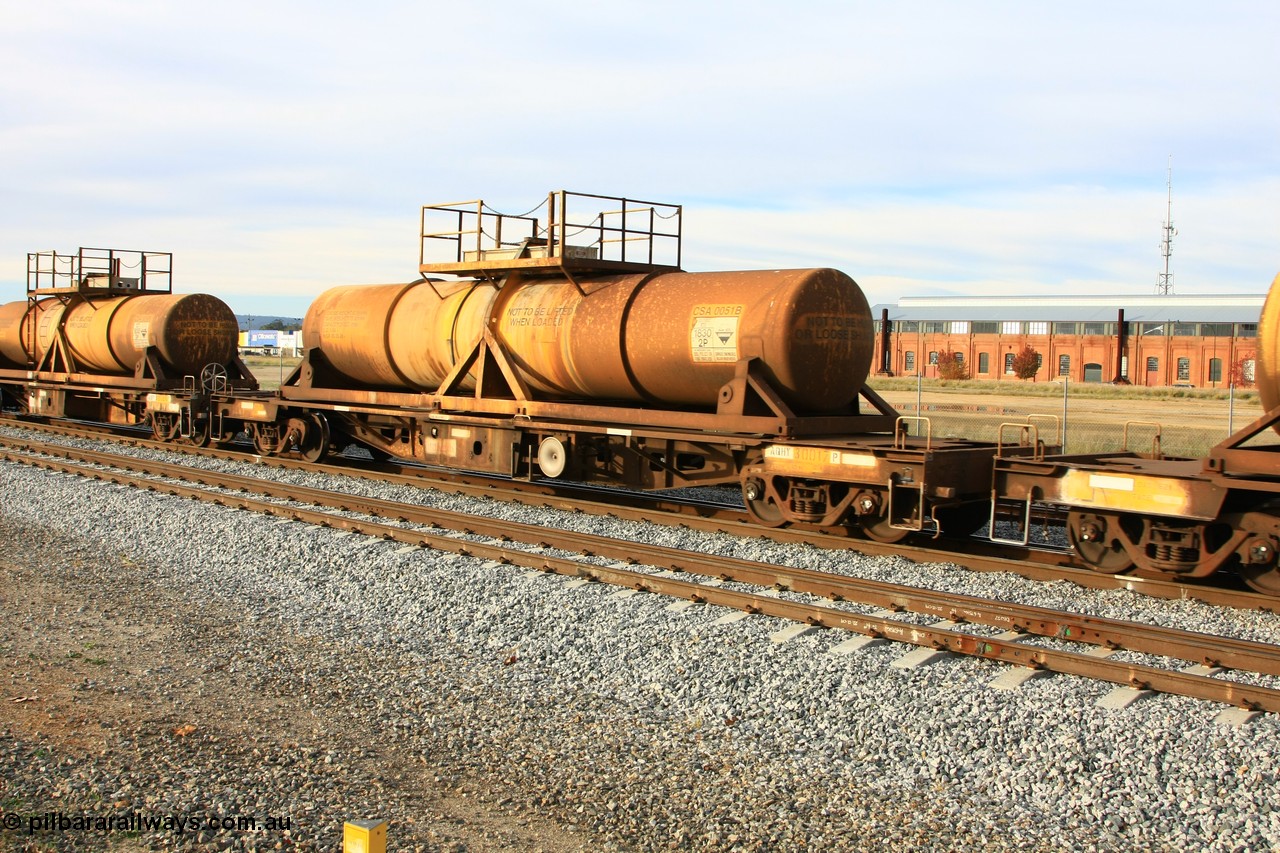 100611 0334
Midland, AQHY 30017 with sulphuric acid tank CSA 0051, originally built by the WAGR Midland Workshops in 1964/66 at WF type flat waggons, then following several codes and modifications in 1997 seventy five were converted to WQH to carry CSA sulphuric acid tanks between Hampton/Kalgoorlie and Perth/Kwinana.
Keywords: AQHY-type;AQHY30017;WAGR-Midland-WS;WF-type;WFDY-type;WFDF-type;RFDF-type;WQH-type;