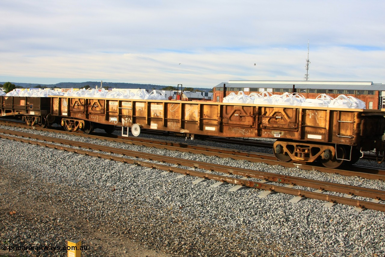 100611 0339
Midland, AOXY 33007 open waggon, converted to carry nickel matte bulk bags similar to the WGL type traffic, AOXY 33007 was originally built by WAGR Midland Workshop between 1966-67 as one of a batch of one hundred, was recoded to WGS for superphosphate traffic 1969-70.
Keywords: AOXY-type;AOXY33007;WAGR-Midland-WS;WGX-type;WGS-type;WOAX-type;