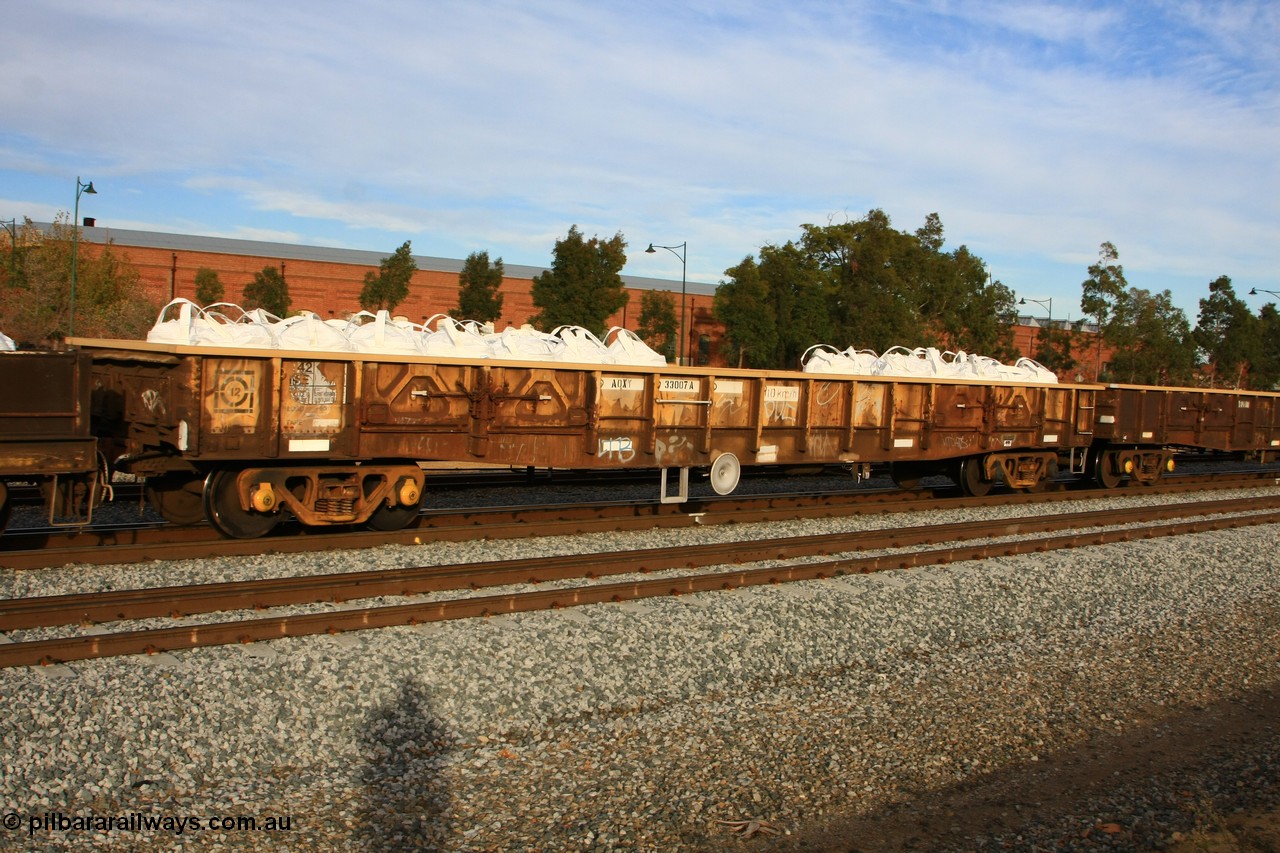 100611 0340
Midland, AOXY 33007 open waggon, converted to carry nickel matte bulk bags similar to the WGL type traffic, AOXY 33007 was originally built by WAGR Midland Workshop between 1966-67 as one of a batch of one hundred, was recoded to WGS for superphosphate traffic 1969-70.
Keywords: AOXY-type;AOXY33007;WAGR-Midland-WS;WGX-type;WGS-type;WOAX-type;