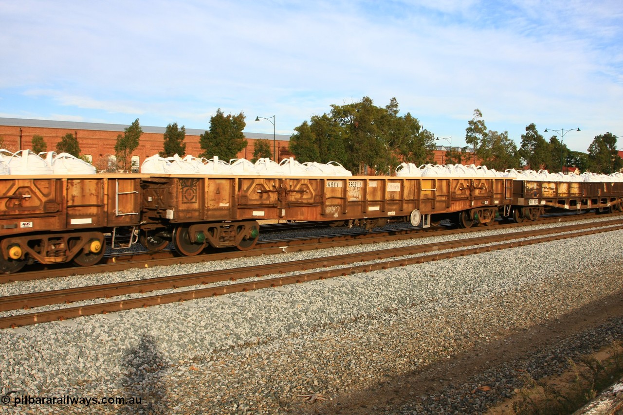 100611 0342
Midland, AOXY 33051 open waggon, converted to carry nickel matte bulk bags similar to the WGL type traffic, AOXY 33051 was originally built by WAGR Midland Workshop between 1966-67 as one of a batch of one hundred, was re-classed to WGS for superphosphate traffic 1969-70.
Keywords: AOXY-type;AOXY33051;WAGR-Midland-WS;WGX-type;WGS-type;WOAX-type;