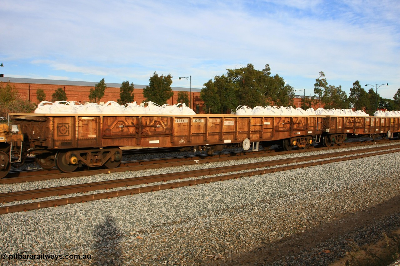 100611 0343
Midland, AOXY 33075 open waggon, converted to carry nickel matte bulk bags similar to the WGL type traffic, AOXY 33075 was originally built by WAGR Midland Workshop between 1966-67 as one of a batch of one hundred, was recoded to WGS for superphosphate traffic in 1969 till 1980.
Keywords: AOXY-type;AOXY33075;WAGR-Midland-WS;WGX-type;WGS-type;WOAX-type;