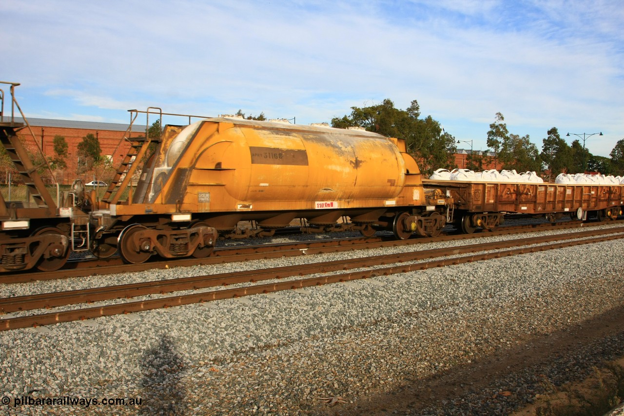 100611 0344
Midland, APNY 31168, final member built by Westrail Midland Workshops in 1979 as WNA type pneumatic discharge nickel concentrate waggon, WAGR built and owned copies of the AE Goodwin built WN waggons for WMC.
Keywords: APNY-type;APNY31168;Westrail-Midland-WS;WNA-type;