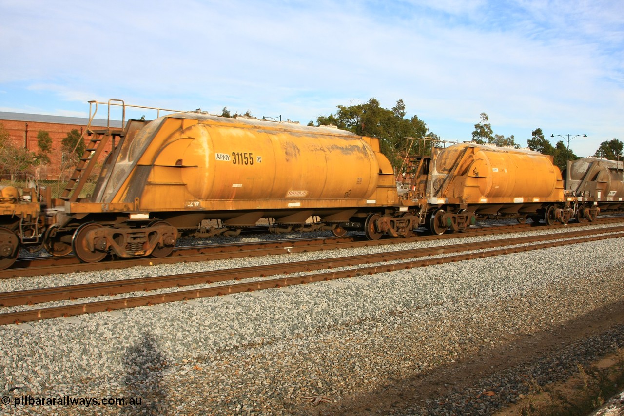 100611 0347
Midland, APNY 31155, one of twelve built by WAGR Midland Workshops in 1974 as WNA type pneumatic discharge nickel concentrate waggon, WAGR built and owned copies of the AE Goodwin built WN waggons for WMC.
Keywords: APNY-type;APNY31155;WAGR-Midland-WS;WNA-type;