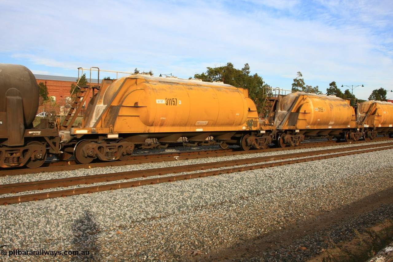 100611 0348
Midland, APNY 31157, one of twelve built by WAGR Midland Workshops in 1974 as WNA type pneumatic discharge nickel concentrate waggon, WAGR built and owned copies of the AE Goodwin built WN waggons for WMC. 
Keywords: APNY-type;APNY31157;WAGR-Midland-WS;WNA-type;