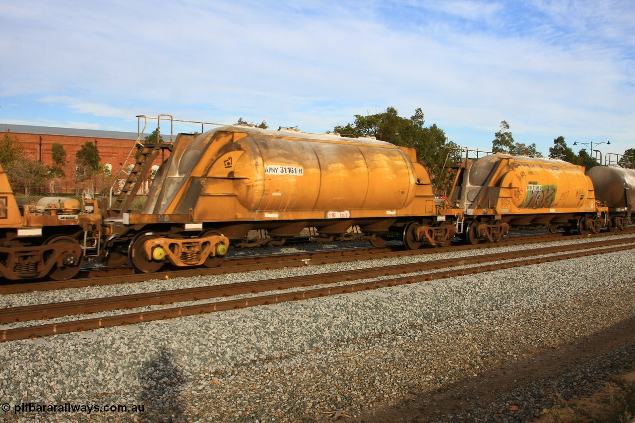 100611 0351
Midland, APNY 31161, one of twelve built by WAGR Midland Workshops in 1974 as WNA type pneumatic discharge nickel concentrate waggon, WAGR built and owned copies of the AE Goodwin built WN waggons for WMC. 
Keywords: APNY-type;APNY31161;WAGR-Midland-WS;WNA-type;