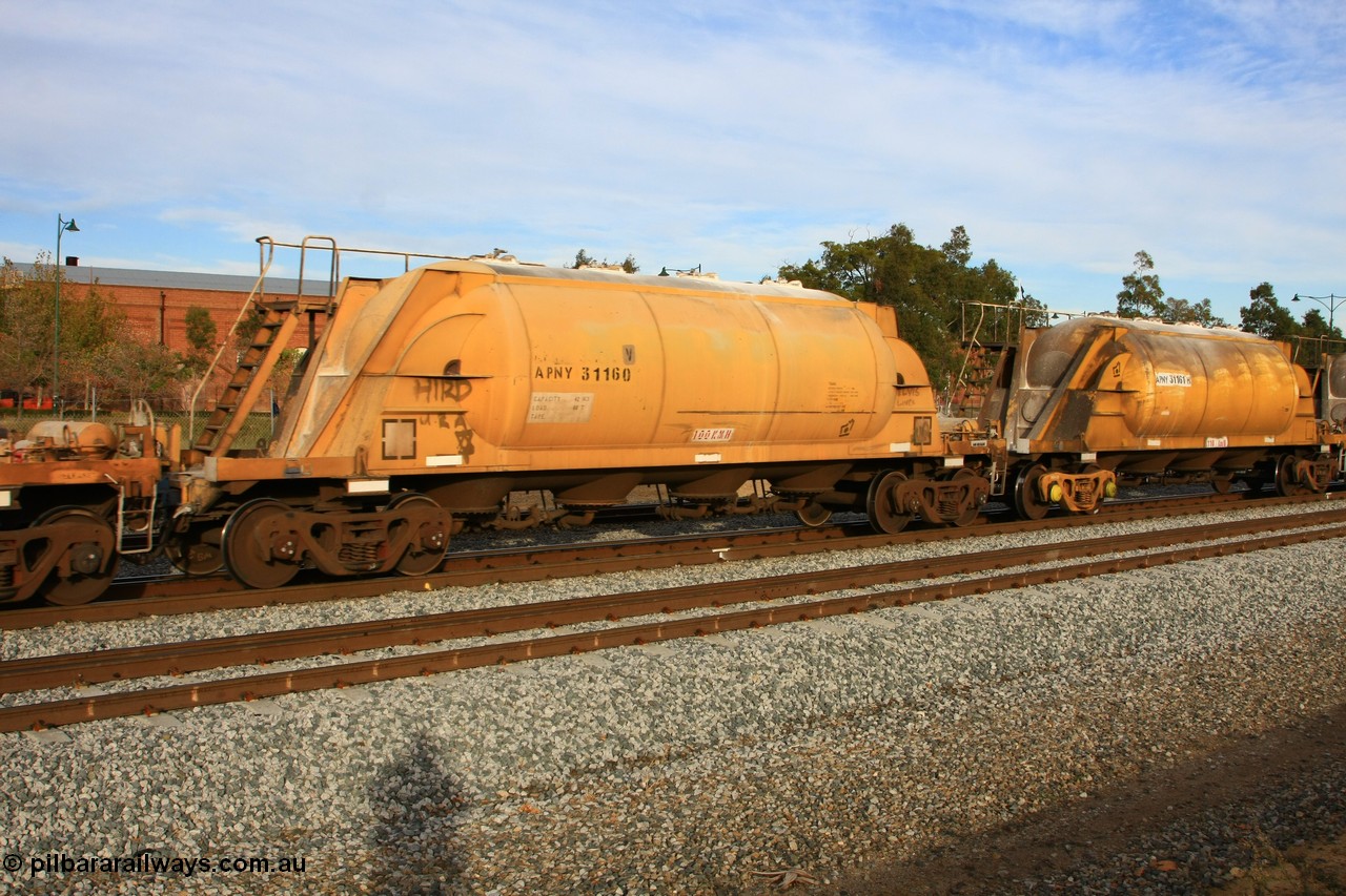 100611 0352
Midland, APNY 31160, one of twelve built by WAGR Midland Workshops in 1974 as WNA type pneumatic discharge nickel concentrate waggon, WAGR built and owned copies of the AE Goodwin built WN waggons for WMC.
Keywords: APNY-type;APNY31160;WAGR-Midland-WS;WNA-type;