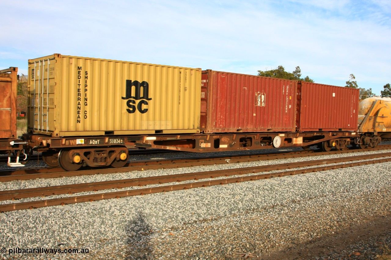 100611 0356
Midland, AQWY 31024 container waggon, built by Centrecon Ltd WA in 1981 in a batch of thirty five WFA type container waggons, another eighteen were also built by Westrail. In 1987 it was converted to WFAP for motor vehicle transport. Loaded with three 22G1 type 20' containers.
Keywords: AQWY-type;AQWY31024;Centrecon-Ltd-WA;WFA-type;WFAP-type;