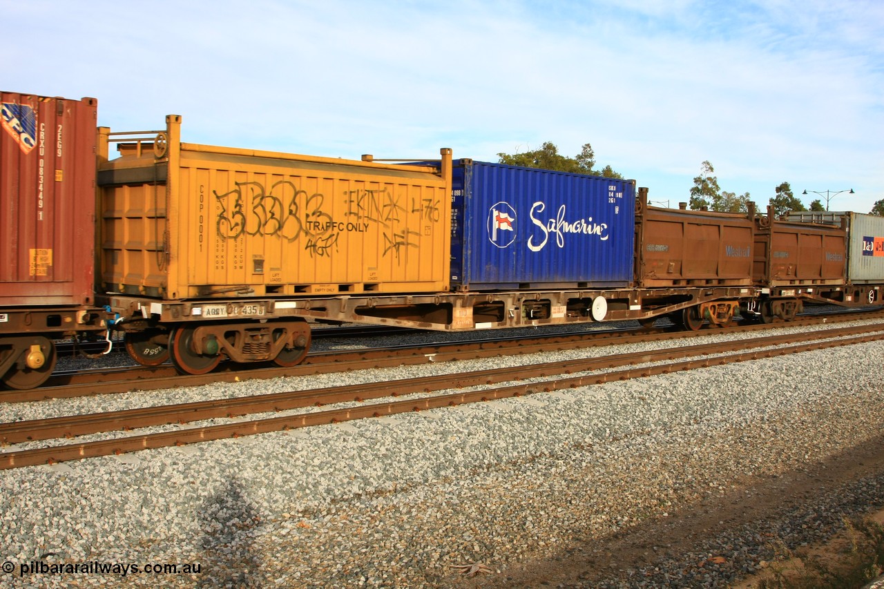 100611 0358
Midland, AQWY 30435 container waggon originally one of one hundred and sixty one built by Tomlinson Steel in 1970 as WFX type, to WQCX in 1980. Loaded with two roll top containers, COP 0001 and COR 5895 and a 20' 22G1 box.
Keywords: AQWY-type;AQWY30435;Tomlinson-Steel-WA;WFX-type;WQCX-type;