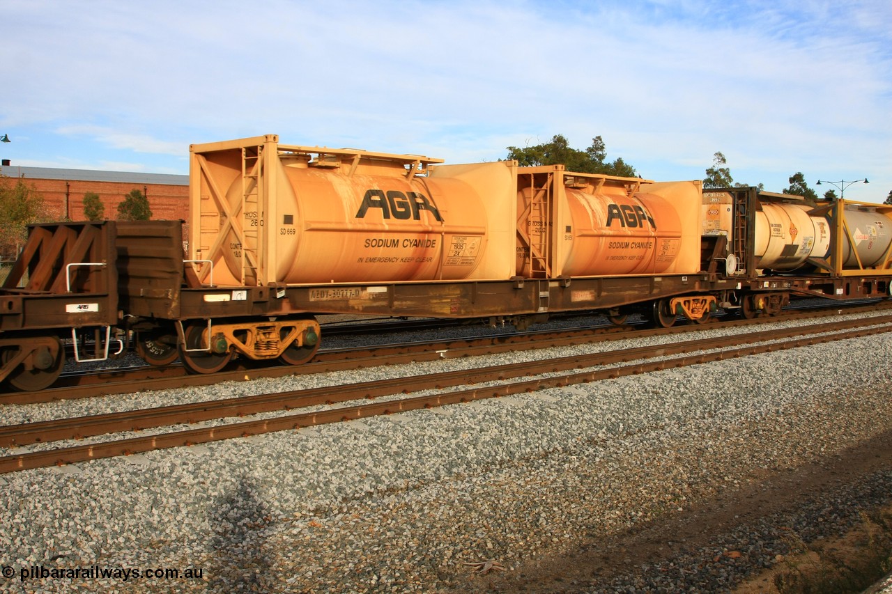 100611 0362
Midland, AZDY 30777, one of about fourteen WBAX vans converted to WQDF type sodium cyanide container waggon, originally built by WAGR Midland Workshops as one of seventy five WV/X type covered vans in 1967-68, converted late 1988/9 to WQDF, then WQDY.
Keywords: AZDY-type;AZDY30777;WAGR-Midland-WS;WV-type;WVX-type;WBAX-type;WQDF-type;