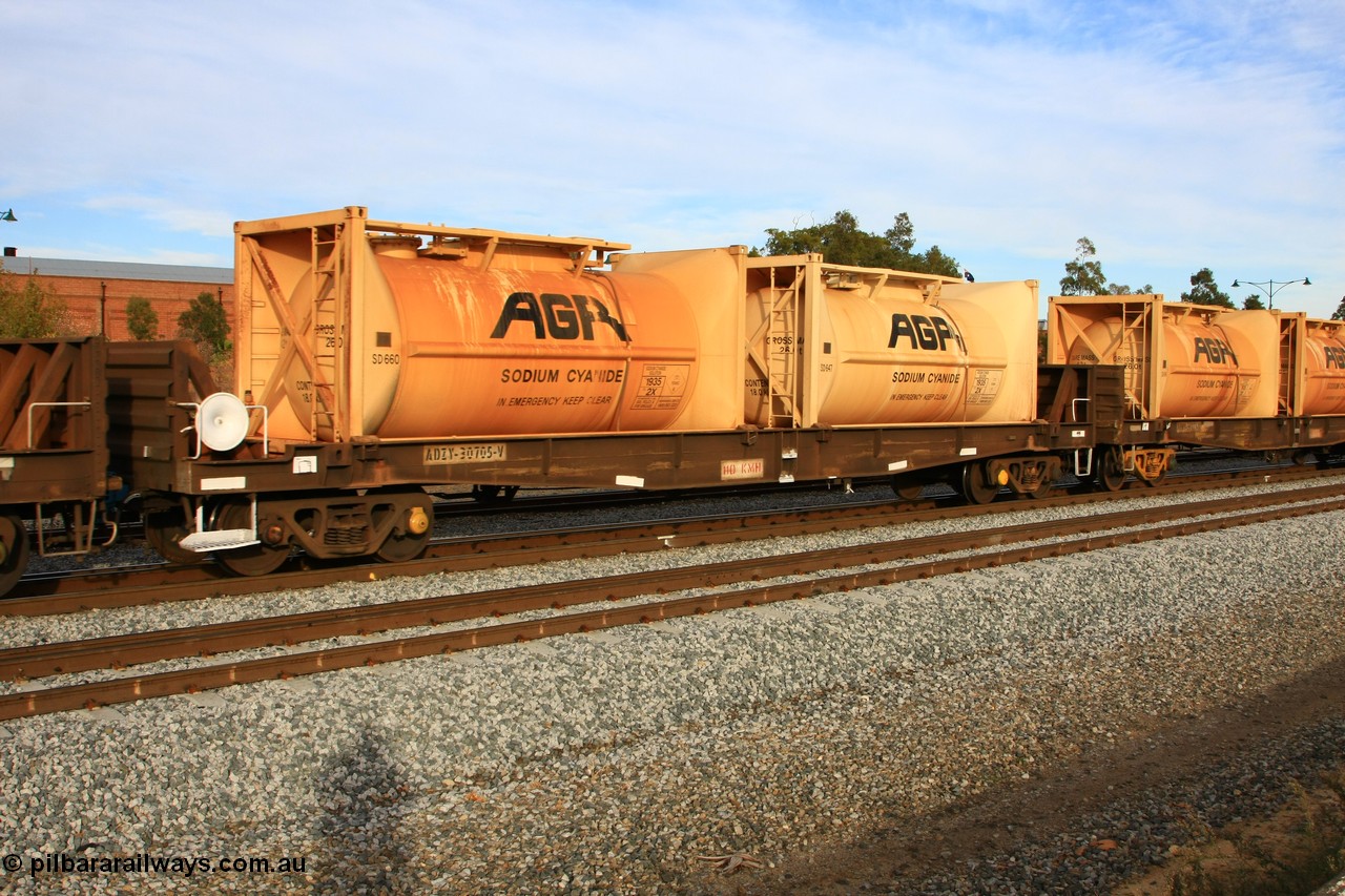 100611 0363
Midland, AZDY 30705, one of about fourteen WBAX vans converted to AZDY type sodium cyanide container waggon, originally built by WAGR Midland Workshops as one of seventy five WV/X type covered vans in 1967-68, converted late 1988/9 to WQDF.
Keywords: AZDY-type;AZDY30705;WAGR-Midland-WS;VWV-type;WVX-type;WBAX-type;WQDF-type;