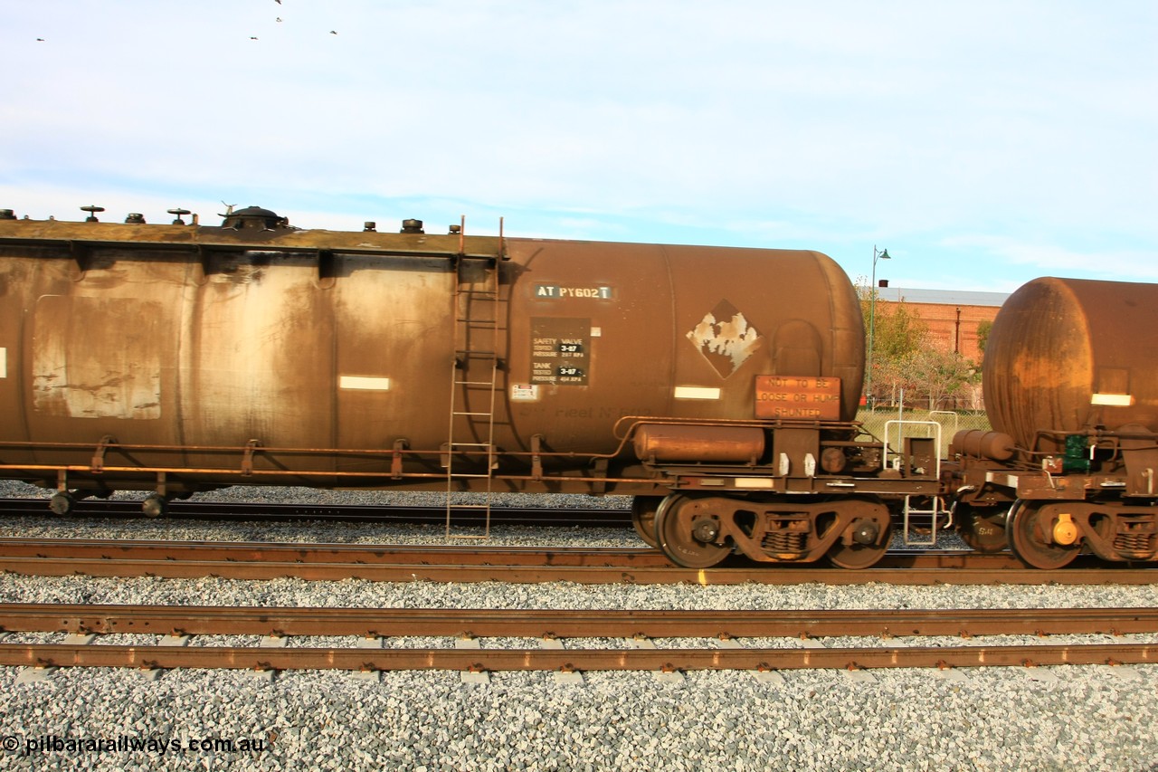 100611 0368
Midland, ATPY 602, fuel tanker, built by WAGR Midland Workshops in 1976 as WJP type for BP Oil, capacity of 80500 litres.
Keywords: ATPY-type;ATPY602;Westrail-Midland-WS;WJP-type;WJPY-type;