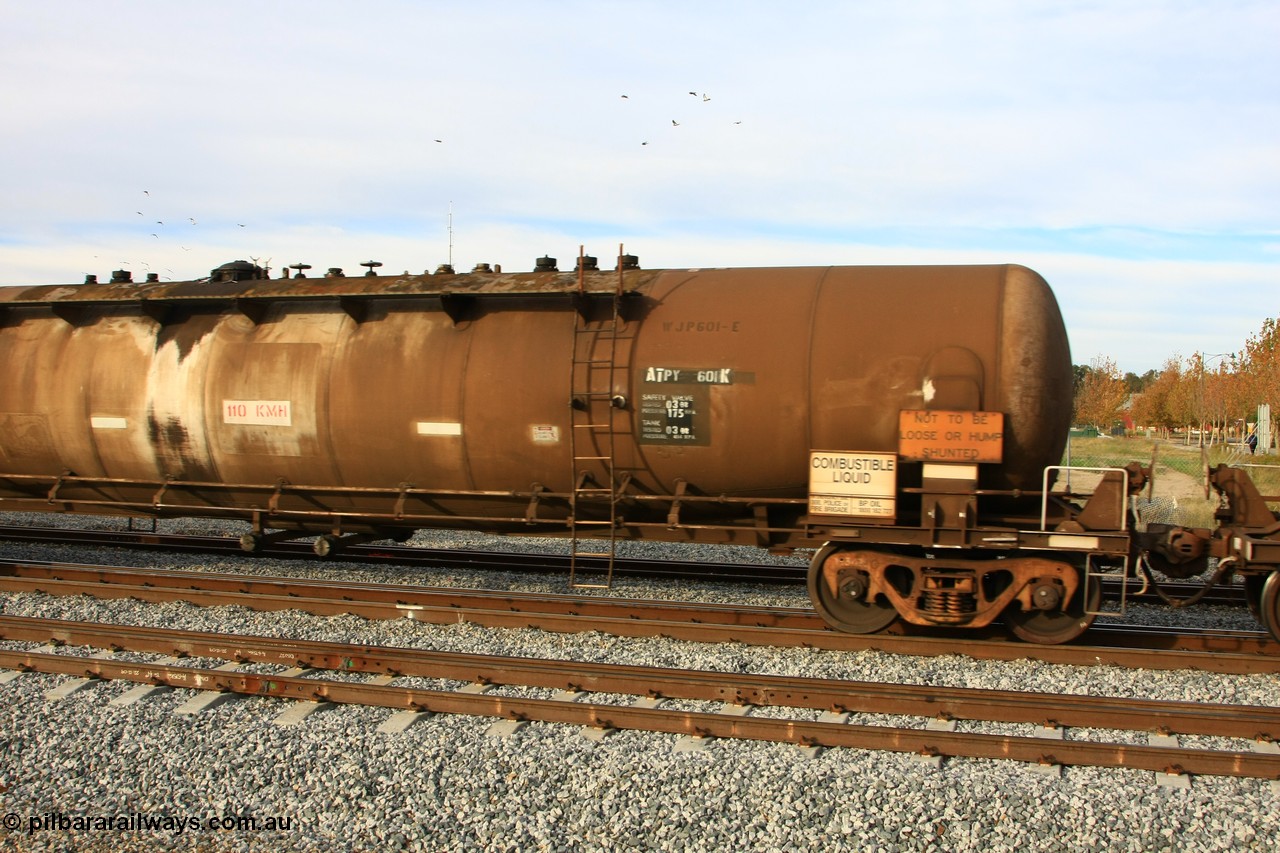 100611 0369
Midland, ATPY 601 fuel tank waggon built by WAGR Midland Workshops in 1976 as WJP type for BP Oil, capacity of 80500 litres, recoded to WJPY.
Keywords: ATPY-type;ATPY601;WAGR-Midland-WS;WJP-type;WJPY-type;