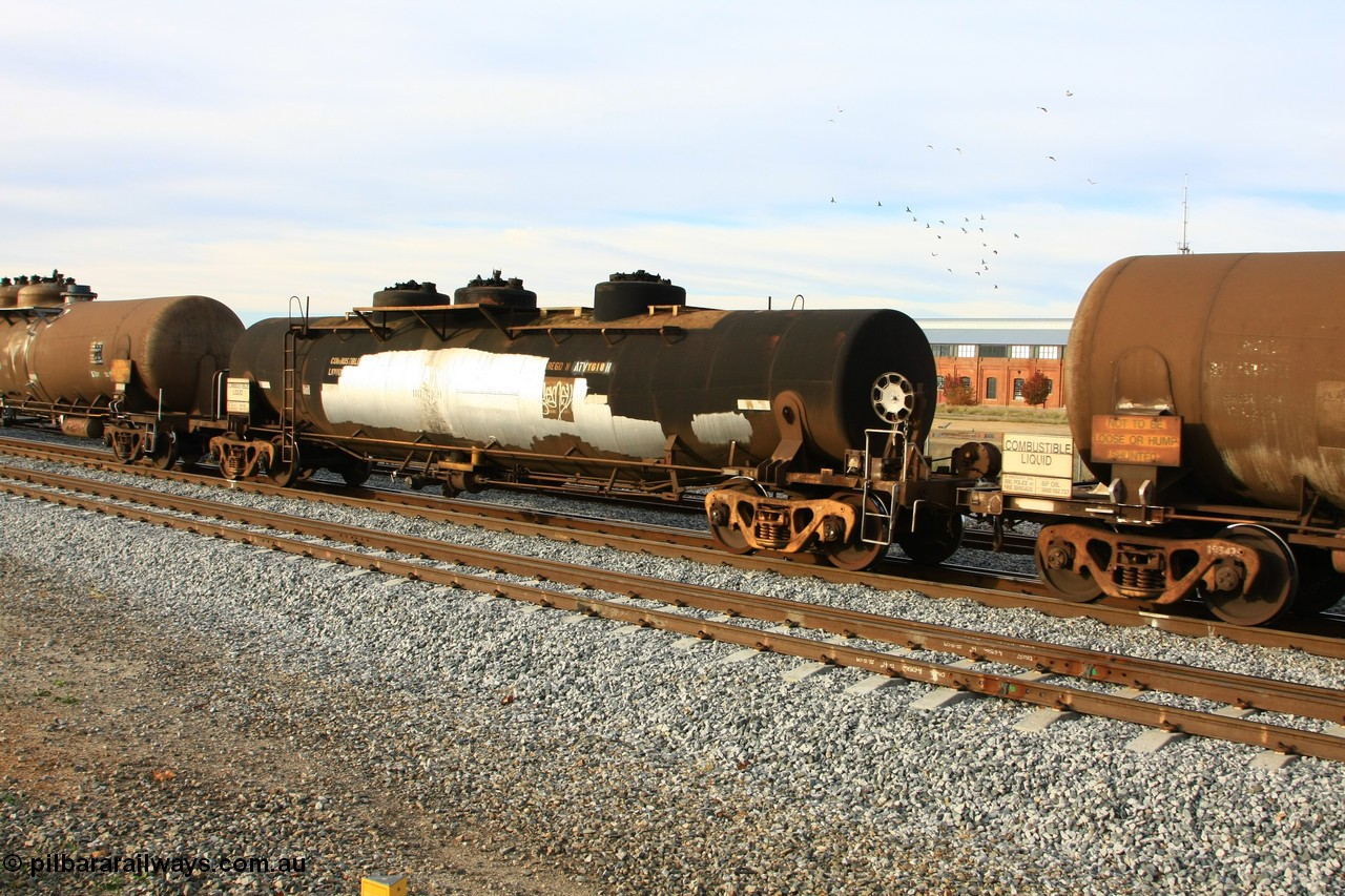 100611 0371
Midland, ATVY type fuel tank waggon ATVY 618, built by Comeng WA in 1965 for BP on the narrow gauge as JTD type JTD 340, in 1970 to SG and recoded WJT 520, then in 1988 to WJT 618.
Keywords: ATVY-type;ATVY618;Comeng-WA;JTD-type;JTD340;WTJ-type;WTJ520;