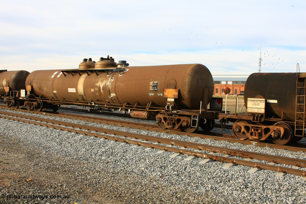 100611 0372
Midland, ATDY 501 fuel tank waggon built by Tulloch Ltd NSW in 1969 for Mobil as WJD type, sold to BP Oil in 1985, 89,000 litre one compartment and two domes.
Keywords: ATDY-type;ATDY501;Tulloch-Ltd-NSW;WJD-type;