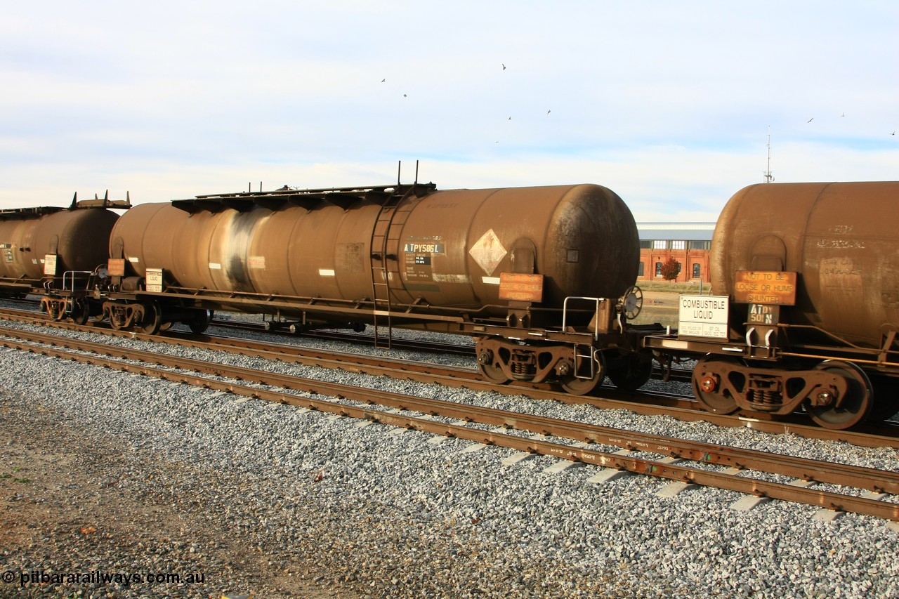 100611 0373
Midland, ATPY 585 fuel tank waggon built by WAGR Midland Workshops in 1976 with 586 for Mobil and coded WJP type, recoded to WJPY, sold to BP Oil in 1985, 80,000 litres one compartment one dome.
Keywords: ATPY-type;ATPY585;WAGR-Midland-WS;WJP-type;WJPY-type;